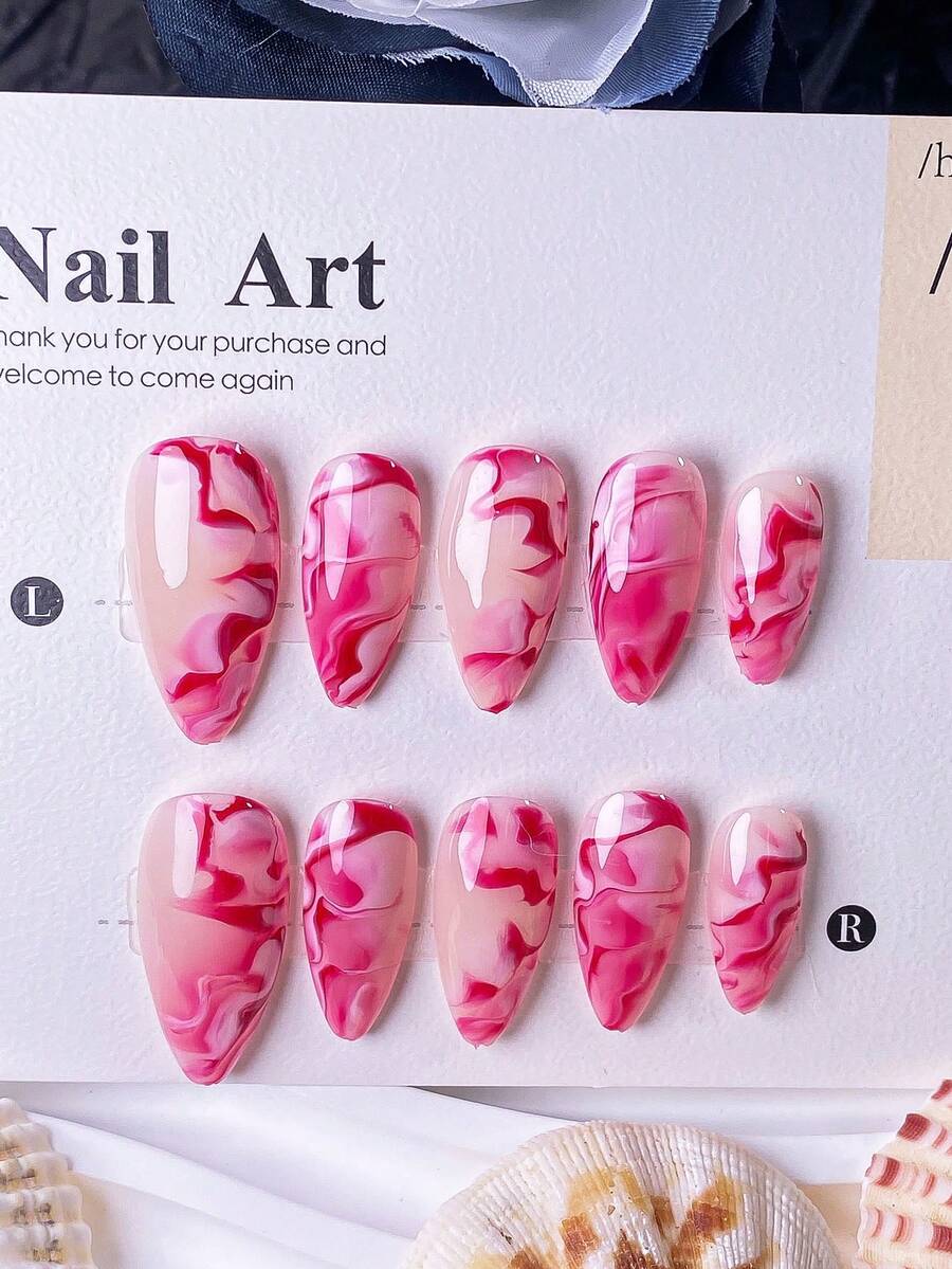 10pcs Handmade Rose Red & White Asymmetrical Gradient Painted Almond Shaped Nail Art Stickers, Eye-Catching Yet Subtle, Minimalist, Fashionable & Elegant Design, Perfect For Girls & Women, Suitable For Parties, Gatherings, Dates, Easy To Apply And Remove As Nail Decoration - Hot Pink - View 1