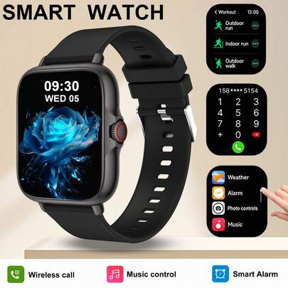 2025 最新款时尚 1.83 英寸硅胶表带全屏触控户外运动智能手表，男女通用，支持无线通话、来电提醒/拒接、消息通知、计步器、无线音乐、多种运动模式，适合作为情侣、长辈、朋友、同学的生日礼物。