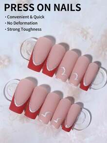 24片中号方形法式美甲贴纸，中号心形图案带闪粉，完美适配亚克力甲片，包含1瓶凝胶指甲油和1个指甲锉，易于佩戴，适合女性日常工作、节日和派对，美甲用品。 - 紅色 - 查看 2