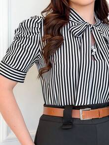 Short-Sleeved Striped Blouse With Puff Sleeves, Bow, And Button. - Black - View 3