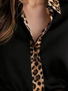 Women's Leopard Print Trim Long Sleeve Black Blouse, Elegant Button-Up Top, Fashionable Choice For Autumn Spring - Black - View 3