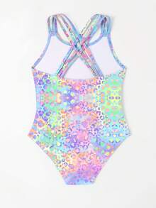 1 pieza Traje de baño de una sola pieza con estampado de leopardo en degradado de colores para niñas, diseño de espalda cruzada, estilo enérgico de verano para la piscina - Multicolor - Ver 2
