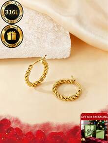 Two Pieces Set Of Simple Twisted Pattern Earrings+Thoughtful Ear Protection And Ear Care Needles, Suitable For Wearing New Ear Holes And Various Occasions And Festivals Such As Parties, Anniversaries, Birthdays, Etc., Equipped With High-Quality And Exquisite Gift Boxes - Gold - View 3