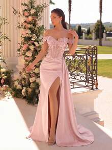 ADYCE Elegant Off-Shoulder Handcrafted Embroidered High-Waist Slit Maxi Dress With Ribbon Tie Waist And Hem, Suitable For Balls, Birthdays, Parties - Baby Pink - View 3