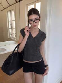 Summer New Old Money Style V-Neck Notched Collar Ribbed Knit Top – Slim Fit Ice Silk Blouse For Women - Dark Grey - View 1