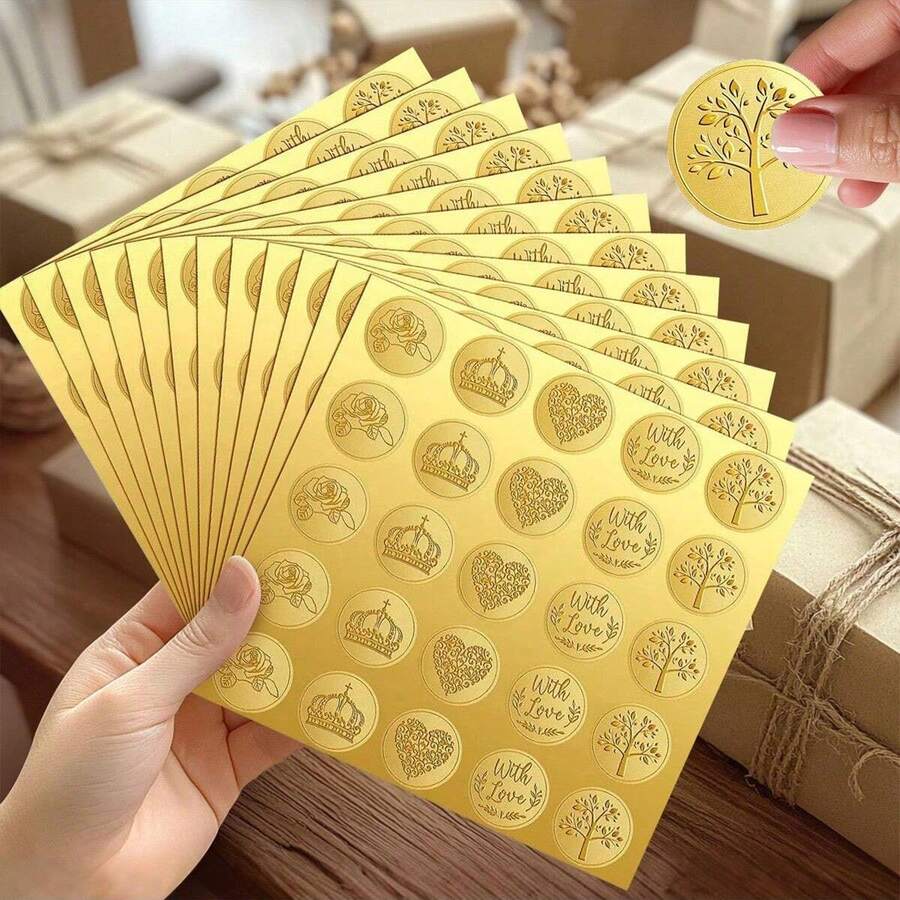 Vintage Embossed Foil Rose Crown Heart DIY Wedding Invitation Envelope Labels, Gold Embossed Seal - Multicolor - View 1