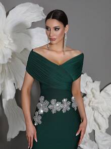 Off-Shoulder Knitted Bandage Dress, European And American Luxury 3D Floral Design, New Elegant Fashion Sexy Bodycon Slit Maxi Evening Gown Party Wedding Spring - Dark Green - View 3