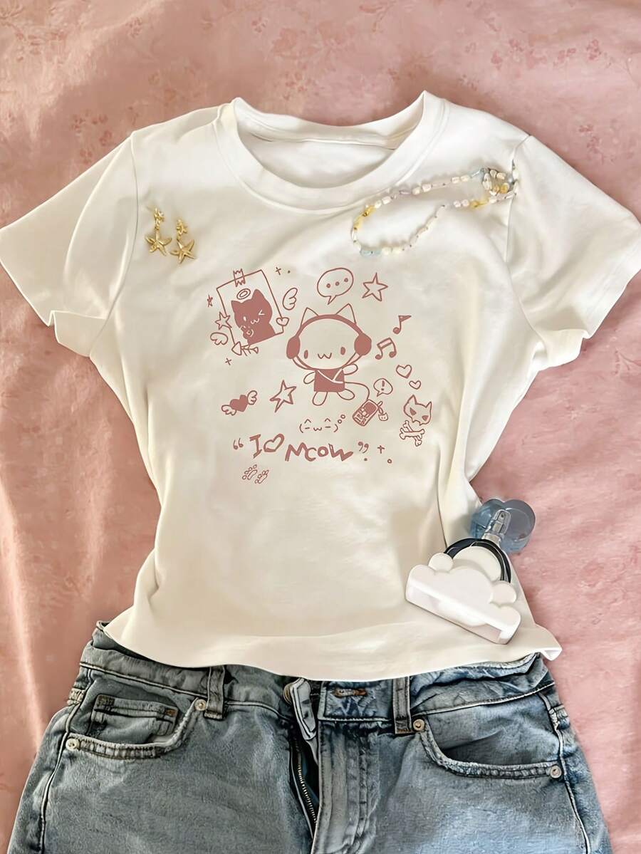 Teen[New Products Arrive With Great Power]One-Piece Cute Korean Women'S Tight Short Sleeve T-Shirt| "I Love Meow" Cartoon Cat Print, Casual Style, All-SeasonUnisex T-Shirts For Summer Outingstween Girl Clothes - trắng - Xem 1