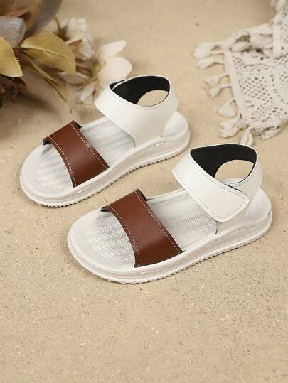 1 Pair Children's Flat Sandals, Soft & Comfortable PU Material, Round Toe Open Toe, Lightweight Elastic Soft Sole Non-Slip, Rear Strap Design, Fashion Minimalist British Style Vacation Cute Student Roman Beach Sandals Suitable For Boys And Girls, Spring/Summer New