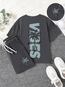 Young Boy Summer Casual Daily Commute Vacation Style Palm Tree & Letter Print Loose Fit T-Shirt And Drawstring Waist Shorts Set - Màu xám đen - Xem 1