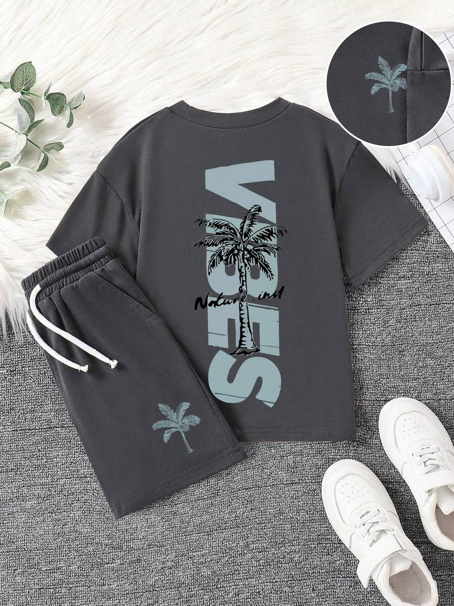 Young Boy Summer Casual Daily Commute Vacation Style Palm Tree & Letter Print Loose Fit T-Shirt And Drawstring Waist Shorts Set - Màu xám đen - Xem 1