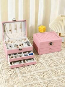 1pc Large-Capacity Three-Layer Jewelry Box,[US-Based Shipping]Pu Leather Multi-Functional Jewelry Box, Watch Box With Lock, 3-Layer Large Capacity Jewelry Storage Box,For Earrings, Rings,Watches,Bracelets And Other Accessories, Organizing And Storing - 粉色 - 查看 2