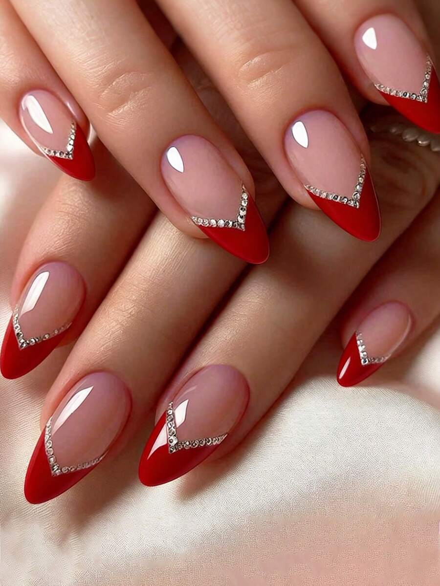 Bộ móng tay acrylic kiểu Pháp hiệu ứng hologram, 24 chiếc hình hạnh nhân cỡ vừa, móng giả dán, thiết kế 3D màu đỏ Y2K, đính đá lấp lánh. Lý tưởng cho các tiệm làm móng, sử dụng hàng ngày cho các cô gái và phụ nữ, các bữa tiệc ngày lễ và làm quà tặng. - Nhiều màu - Xem 1