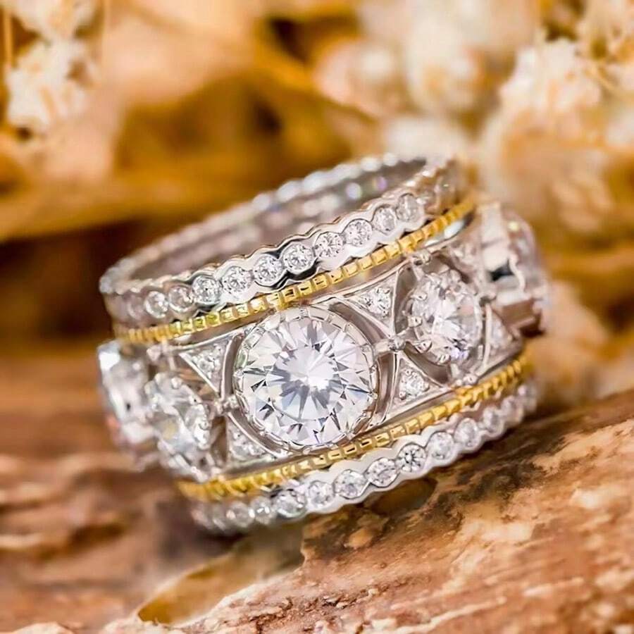 1 chiếc nhẫn cưới kiểu cổ điển thời trang - Nhẫn tròn mảnh, phủ hai tông màu với đá Cubic Zirconia trắng nhân tạo lấp lánh, món trang sức lý tưởng dành cho phụ nữ. - Hai màu - Xem 1