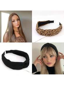 1 chiếc băng đô xoắn bằng polyester kiểu retro, họa tiết da báo và màu trơn, phù hợp cho mọi mùa, phụ kiện tóc khi đi du lịch. - Nhiều màu - Xem 9