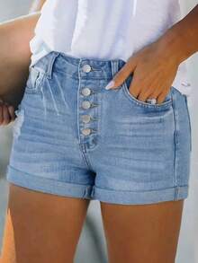 Women's Denim Shorts, Casual Roll-Up Hem Design With Cat Whisker Details At Ankle, Perfect For Lightweight Summer Styling - Light Wash - View 2