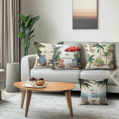 Bộ 4 vỏ gối in một mặt chủ đề bãi biển nhiệt đới, màu đào, chất liệu nhung, 100% polyester, trang trí phòng khách, sofa, phòng ngủ, phong cách ấm cúng, không kèm ruột gối, kích thước 40x40cm/45x45cm/50x50cm