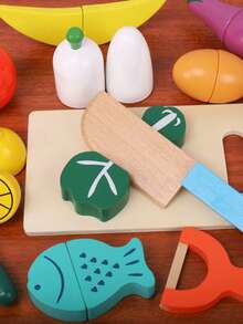 Wooden Simulation Fruit & Veggie Cutting Toy Set, Kids Pretend Play Kitchen Role Play, Object Cognition Educational Kit - Multicolor - View 3