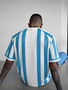 Hanorac bărbătesc cu dungi albastre și albe, tricou cu mânecă raglan cu model retro numărul 10, top imprimat în stil Blokecore cool, tricou sport casual modern, stil stradal, lejer, de vară, cu uscare rapidă - Bleu - Vizualizare 2