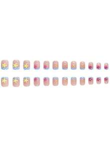 24pcs European Short Fake Nails, French Colorful Starfish & Blue Wave Pattern Wearable Nails, Full Coverage Removable Nails Suitable For Party, Ball And Daily Wear - Multicolor - View 4