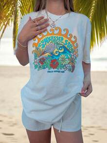 Summer TopsWomen Y2k Oversized Graphic Tees Floral Print Short Sleeve Crewneck T Shirts Loose Fit Summer   Tops For Teen Girls Aesthetic Clothes 2000s Beach Shirts For Women StreetwearLoose And Comfortablesummer Clothes Summer Outfits For Women - 彩色 - 查看 2