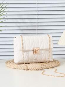 刺绣锁扣休闲单肩包，链条格纹斜挎包，时尚百搭手提包，女士纹理休闲钱包 - 白色 - 查看 3