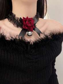1件哥特风项链，洛丽塔黑色蝴蝶结红色玫瑰铃铛吊坠项链，女士蕾丝颈链 - 黑色 - 查看 1