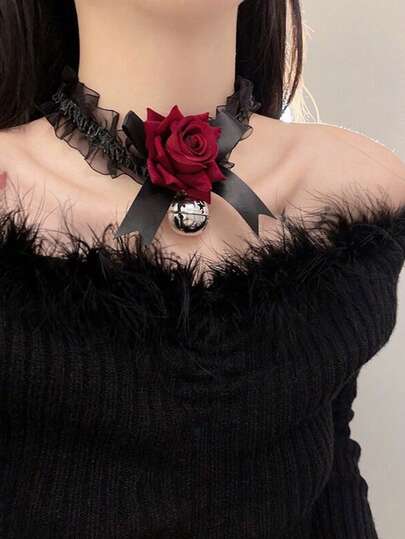 1件哥特风项链，洛丽塔黑色蝴蝶结红色玫瑰铃铛吊坠项链，女士蕾丝颈链