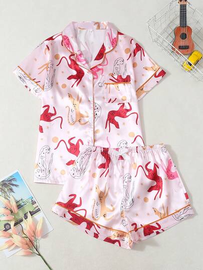 Bộ đồ ngủ nữ tay ngắn và quần short in họa tiết động vật bằng vải poplin.