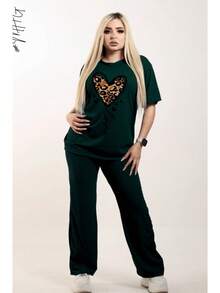 Conjunto de 2 Piezas Oversize Unicolor para Dama Mujer Amplio y Holgado de Blusa de Cuello Redondo Unicolor con Manga Corta y Hombros Caídos Cómoda y Pantalón Oversize Holgado Unicolor Sin Bolsillos Moda Otoño Primavera y Verano Estilo Casual y Versatil para Todo Tipo de Ocasion - Verde - Ver 4