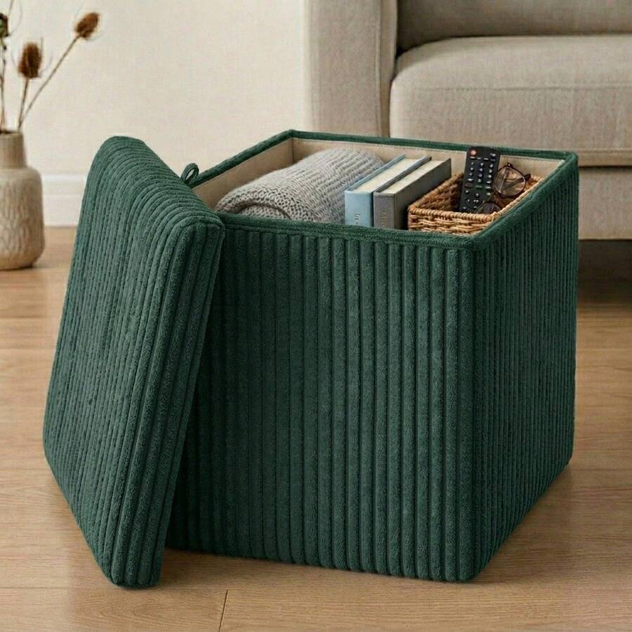 Taburete Organizador de Pana de 38x38x38 cm Tela Suave para Sala de Estar Decoración de Interiores Moderna Plegable Organizador Textura Relieve Multiusos. - Verde - Ver 1