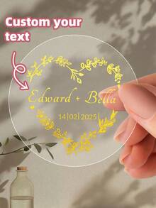1-60 miếng dán tùy chỉnh, hình tròn, trong suốt và mạ vàng. Những nhãn dán chống thấm nước và dầu này rất phù hợp cho đám cưới, kỷ niệm và các bữa tiệc, mang đến nét cá nhân hóa với văn bản tùy chỉnh. - Nhiều màu - Xem 4