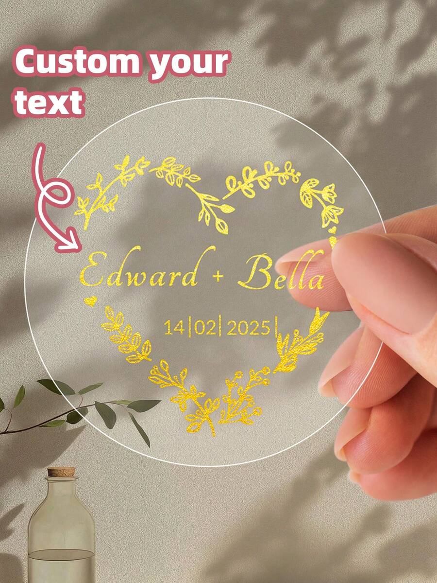 1-60张定制贴纸,圆形,透明,烫金。这些防水防油标签非常适合婚礼、周年纪念日和派对,可定制文字,增添个性化元素。 - 彩色 - 查看 1