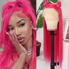 13X4 Gorgeous Neon Green Hair Synthetic Lace Front Wigs 28 Inch Pre Plucked Long Straight Hair Wigs Glueless Halloween Wigs Heat Resistant Fluorescent Green Straight Lace Front Wigs For Fashion Women For Daily Christmas Party Cosplay Use - 玫紅色 - 查看 2