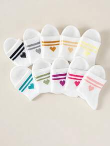 1/5/10 Đôi tất trẻ em họa tiết sọc đôi hình trái tim, chất liệu jacquard, mềm mại và thoáng khí, phù hợp cho mọi mùa, tất đi học unisex cho bé trai và bé gái, trang phục ngày Valentine. - Nhiều màu - Xem 6