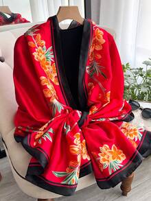 1pc Elegant Floral Print Silk-Like Scarf, Versatile Shawl For Beach, Sun Protection, Fashion Accessory Suitable For Daily Wear,Holiday - Red - View 2