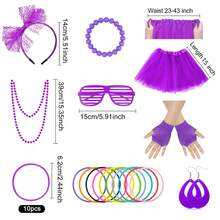 Bộ trang phục nữ phong cách retro thập niên 80 bao gồm váy tutu, quần legging neon dự tiệc, vòng cổ neon, khuyên tai, băng đô, găng tay lưới, thích hợp cho Ngày Valentine, dạ hội, Halloween và các dịp khác. - nhiều màu - Xem 4