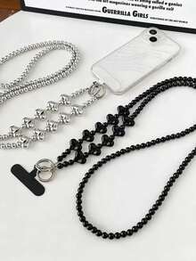 1条酷炫手机链斜挎可穿戴手工串珠背包挂链心形包链背包带侧挂防丢挂绳高端黑银吊坠配件（不计珠子数量，仅长度约120厘米） - 彩色 - 查看 1