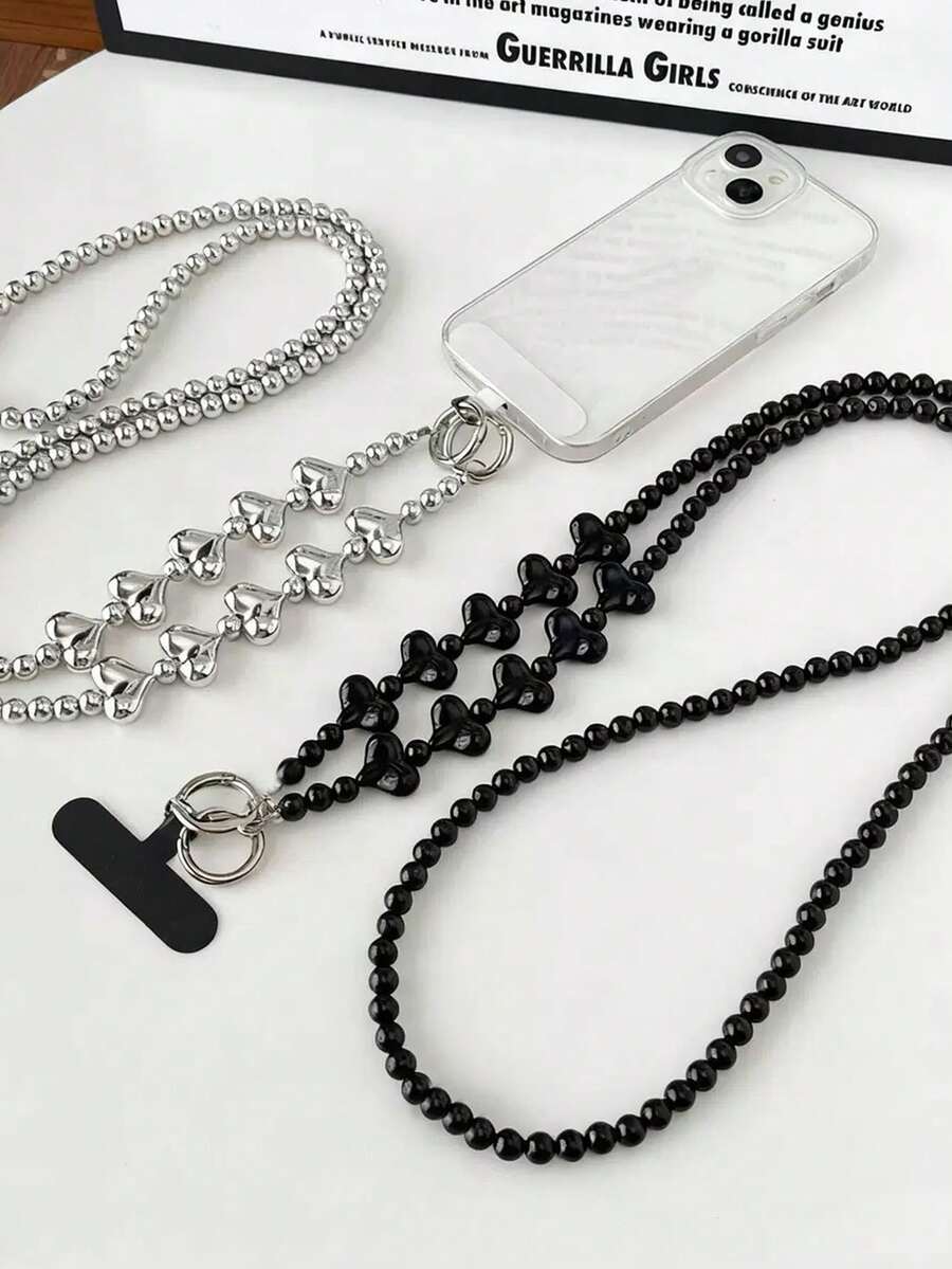 1条酷炫手机链斜挎可穿戴手工串珠背包挂链心形包链背包带侧挂防丢挂绳高端黑银吊坠配件（不计珠子数量，仅长度约120厘米） - 彩色 - 查看 1