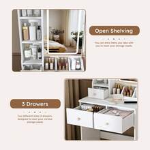 Modern Vanity Desk With LED Mirror, 3 Color Lighting & Adjustable Brightness - 3 Drawers & Storage Shelves, Built-In Power Outlet & Hair Dryer Holder, Makeup Dressing Table Set With Stool For Bedroom - View 4