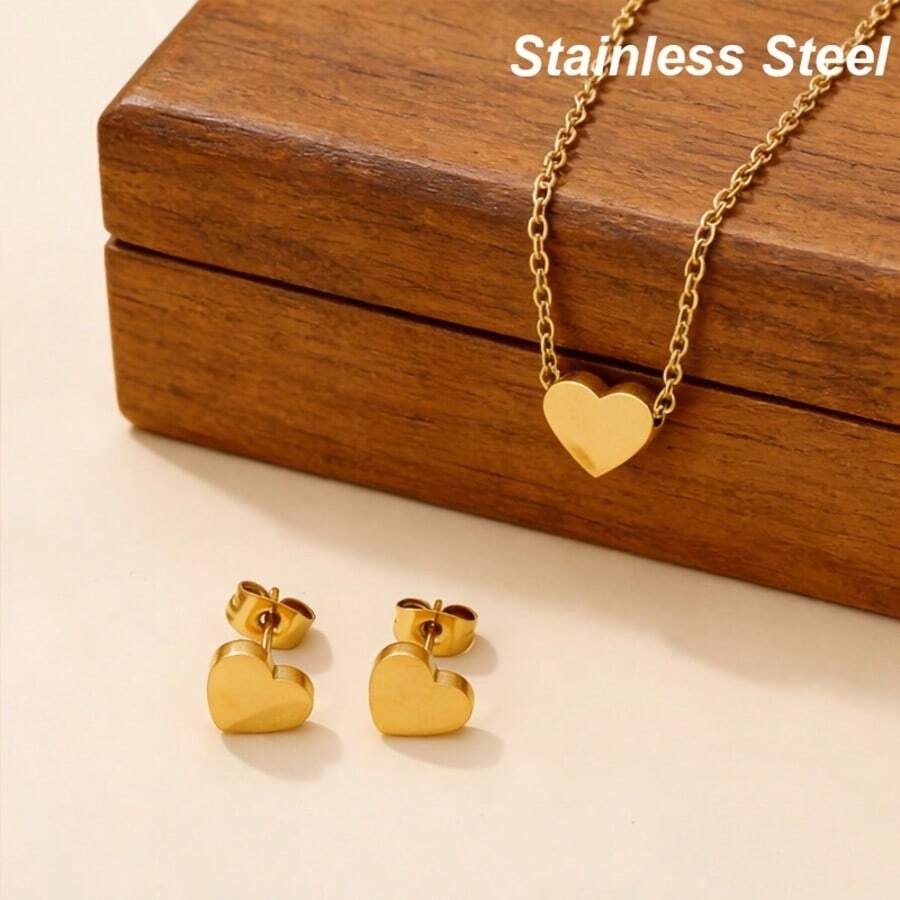 3pcs Stainless Steel Heart Shaped Necklace + Earrings Set, Unique Heart Design Jewelry Set For Women, Suitable As Birthday, Anniversary, Mother's Day Gift - Heart Shaped Set - View 1