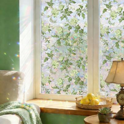 1/4pcs Fresh Green Leaves And White Floral Privacy Window Film, Reusable PVC Rainbow Prism Effect Electrostatic Glass Film, Suitable For Office Glass Cabinet Doors, UV Protection, And Interior Decorative Props.