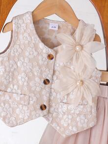 2pcs Young Girls Elegant Lady-Like Apricot Cardigan Vest Jacket + Mesh Skirt Set, Graceful Mori Style, Spring/Summer - Apricot - View 4