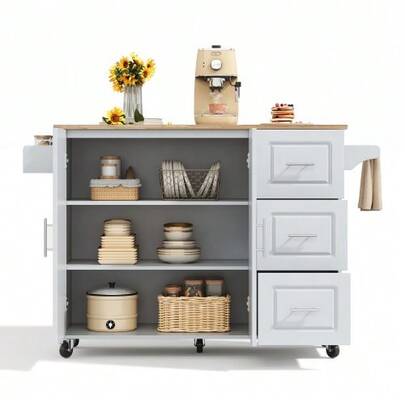 Large Mobile Kitchen Table 137 X 43 (76) X 92 Cm, Oak Countertop, Folding Design, Multifunctional Cabinet, 3 Drawers, Towel Rack, Suitable For Kitchen, Dining Room And Home.