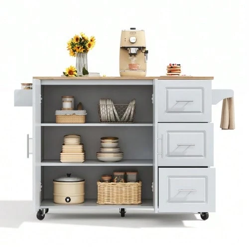 Large Mobile Kitchen Table 137 X 43 (76) X 92 Cm, Oak Countertop, Folding Design, Multifunctional Cabinet, 3 Drawers, Towel Rack, Suitable For Kitchen, Dining Room And Home. - Grey - View 1