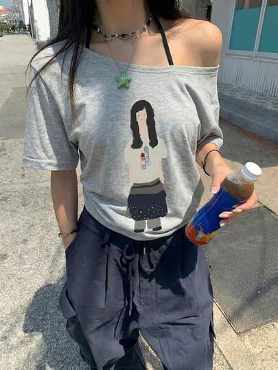 女士可爱卡通不对称领灰色T恤，独立美学宽松舒适休闲上衣，街头风