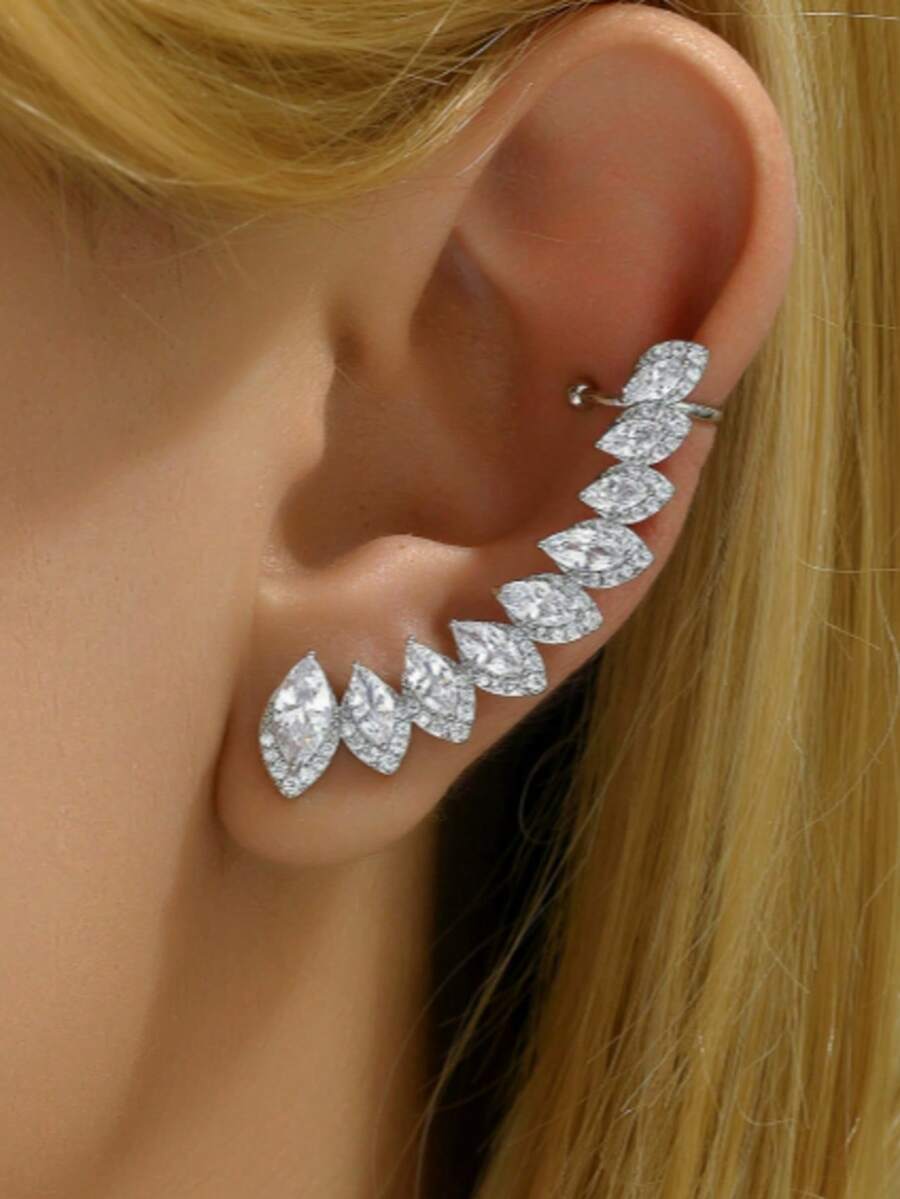 1pc Micro-Inlaid Zirconia Floral Waterdrop Earring, High-End Elegant Ear Clip Earring Suitable For Women - Ideal For Daily Wear, Parties And Holiday Gifts - Water Drop Ear Cartilage Clip - View 1
