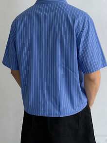 WAIT HIM 男士休闲宽松条纹短袖衬衫，春夏款 - 霧霾藍 - 查看 2