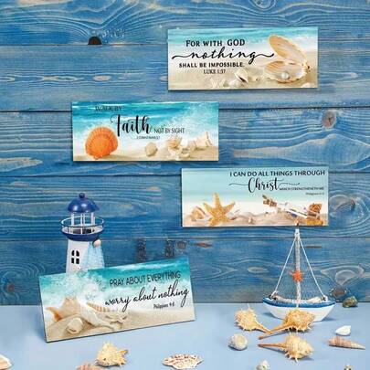4pcs Set Summer Inspired Blue Ocean Christian Faith Wave, Shell, Starfish Wooden Wall Art, Anniversary Birthday Garden Party Outdoor Decor