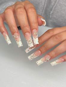 24pcs Trapezoid Press-On Nails, Dreamy Aurora Silver Rhinestone Star Manicure Set With Translucent Nude Pink Base, Aurora White French Tips And Full Rhinestone Star Decor, Suitable For Parties, Music Festivals Or Occasions Seeking Unique Attention-Grabbing Style - Multicolor - View 5